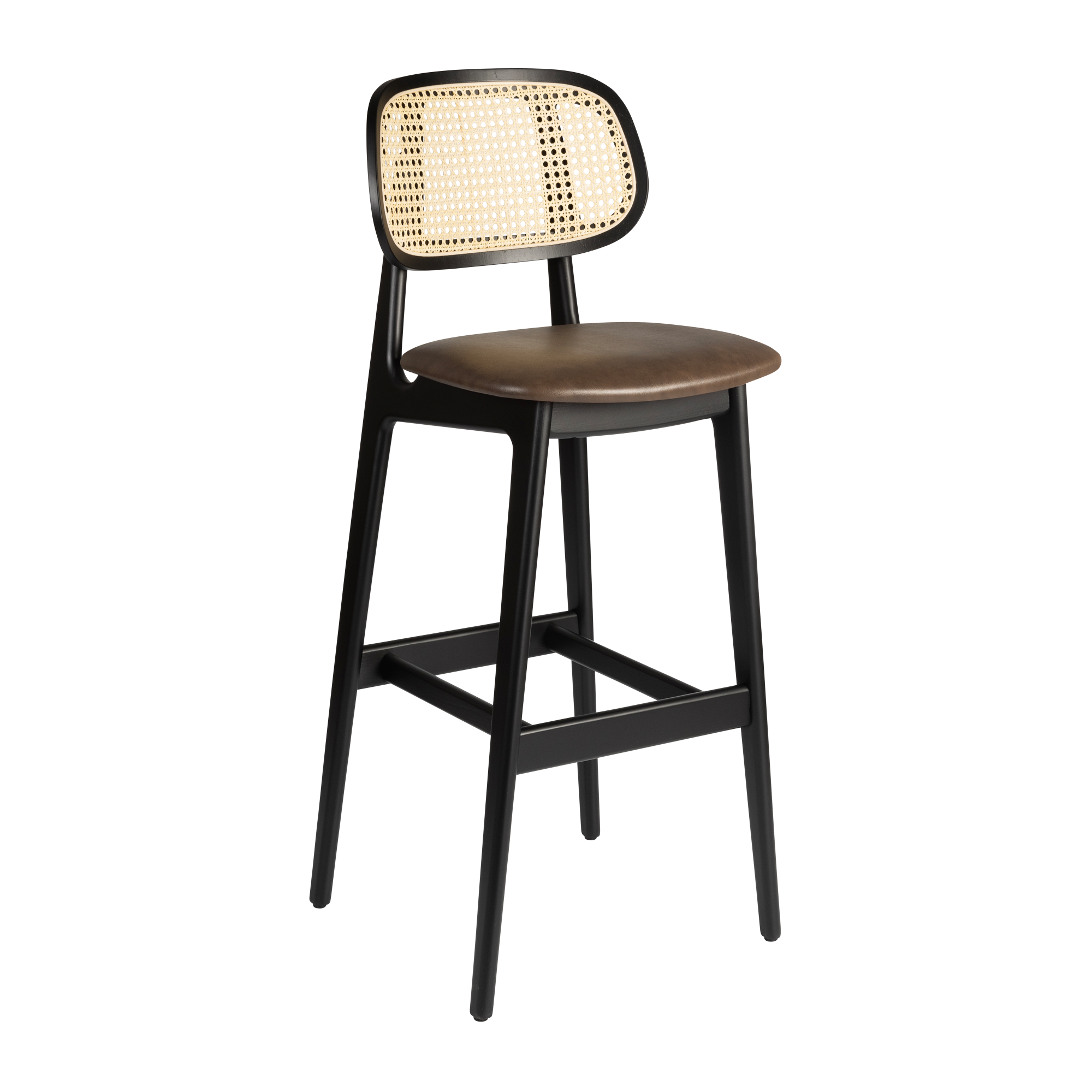 Relish Bar Stool - Beech Satin Black - Natural Cane Back - Lascari Vintage Brown Seat Pad